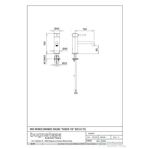 Bugnatese KOBUK FIX mosdó csaptelep, 15,5 cm-es kifolyóval, leeresztő nélkül,  matt fekete 2314SNE