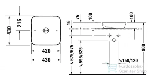Duravit CAPE COD 430x430 mm-es ráültethető mosdó Wondergliss bevonattal,fehér 23404300001