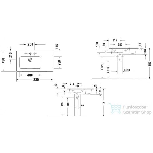 Duravit ME BY STARCK 830x490 mm-es bútorral aláépíthető mosdó bal oldali medencével,White Satin matt 2345833200