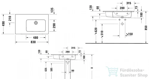 Duravit ME BY STARCK 830x490 mm-es bútorral aláépíthető csaplyuk nélküli mosdó jobb oldali medencével,Wondergliss bevonattal 23468300601