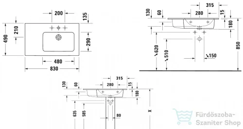 Duravit ME BY STARCK 830x490 mm-es bútorral aláépíthető mosdó jobb oldali medencével,White Satin matt 2346833200
