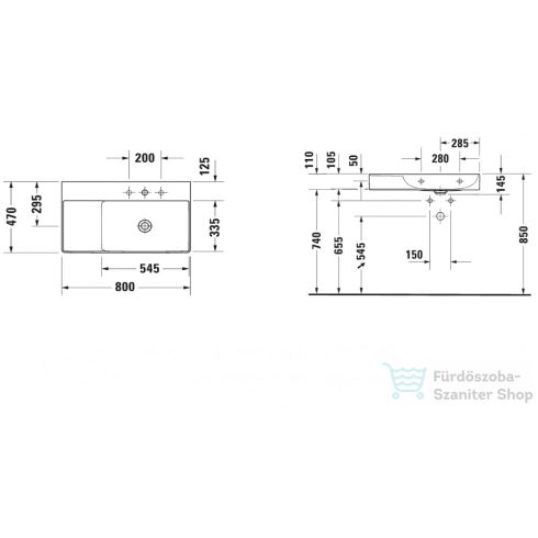 Duravit DURASQUARE 80x47 cm-es bútorral aláépíthető túlfolyó nélküli csiszolt mosdó jobbos medencével,Wondergliss bevonattal,23498000711
