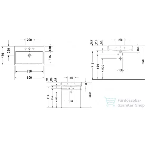 Duravit VERO AIR 80x47 cm-es bútorral aláépíthető mosdó túlfolyó nélkül,Wondergliss bevonattal,23508000411