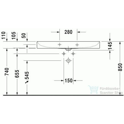 Duravit DURASQUARE 100x47 cm-es bútorral aláépíthető mosdó csaplyuk nélkül,Wondergliss bevonattal,23531000701