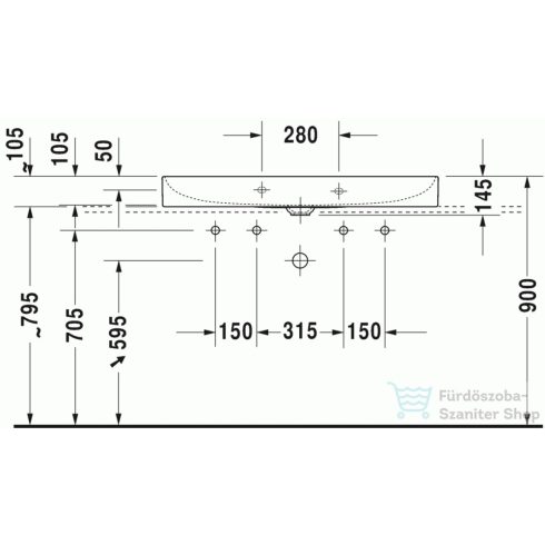 Duravit DuraSquare 100x47 cm mosdó két csaplyukkal, csiszolt 2353100072 ( 235310 )