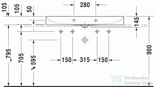 Duravit DuraSquare 100x47 cm mosdó két csaplyukkal, csiszolt 2353100072 ( 235310 )