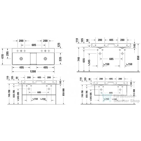 Duravit DURASQUARE 120x47 cm-es bútorral aláépíthető dupla mosdó két csaplyukkal,2353120041