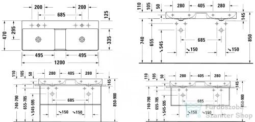 Duravit DURASQUARE 120x47 cm-es bútorral aláépíthető dupla mosdó két csaplyukkal,2353120041