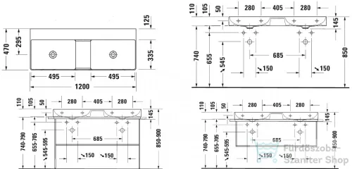 Duravit DURASQUARE 120x47 cm-es bútorral aláépíthető dupla mosdó csaplyuk nélkül,Wondergliss bevonattal,23531200701