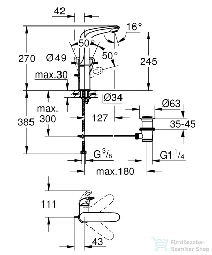 Grohe EUROSTYLE L magasított mosdó csaptelep automata leeresztővel,Króm 23569003