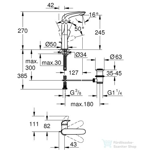 Grohe Wave L magasított mosdó csaptelep automata leeresztővel,Króm 23584001
