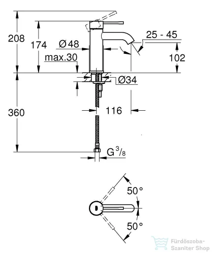 Grohe ESSENCE S mosdó csaptelep leeresztő nélkül,Supersteel 23590DC1
