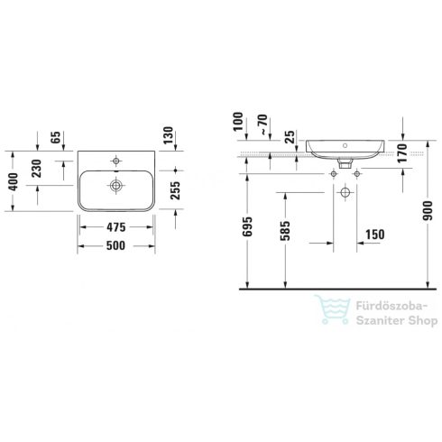Duravit HAPPY D.2 PLUS 50x40 cm-es ráültethető csiszolt mosdó Wondergliss bevonattal,fehér 23605000001