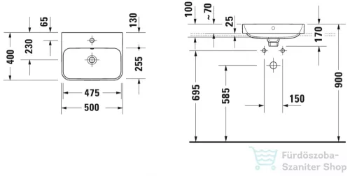 Duravit HAPPY D.2 PLUS 50x40 cm-es ráültethető csiszolt mosdó,fehér 2360500000