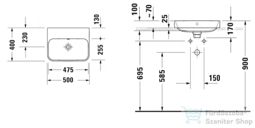 Duravit HAPPY D.2 PLUS 50x40 cm-es ráültethető csiszolt mosdó csaplyuk nélkül,Wondergliss bevonattal,fehér 23605000601