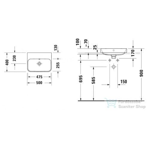 Duravit HAPPY D.2 PLUS 50x40 cm-es ráültethető csiszolt mosdó csaplyuk nélkül,Wondergliss bevonattal,fehér/antracit matt 23605061601