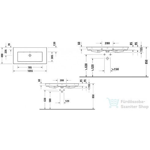 Duravit WHITE TULIP 1055x490 mm-es bútorral aláépíthető mosdó csaplyuk nélkül,Wondergliss bevonattal,23631000601