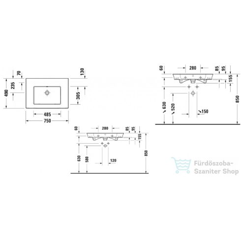 Duravit WHITE TULIP 750x490 mm-es bútorral aláépíthető mosdó csaplyuk nélkül,2363750060