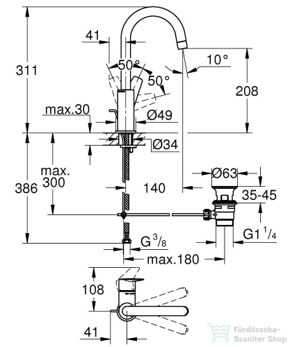 Grohe BAUEDGE L magasított mosdó csaptelep automata leeresztővel,Króm 23760001