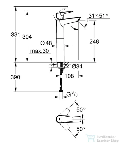 Grohe BAUEDGE XL magasított mosdó csaptelep,leeresztő nélkül,Króm 23761001