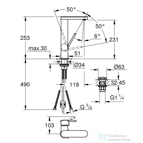 Grohe PLUS magasított mosdócsaptelep L-méret króm 23844003