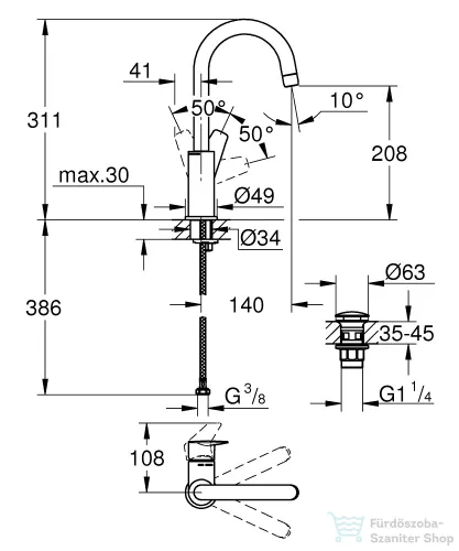 Grohe BAUEDGE L magasított mosdó csaptelep click-clack leeresztővel,Króm 23911001