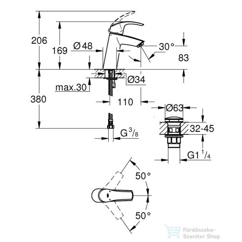 Grohe EUROSMART M mosdó csaptelep click-clack leeresztővel,Króm 23923002