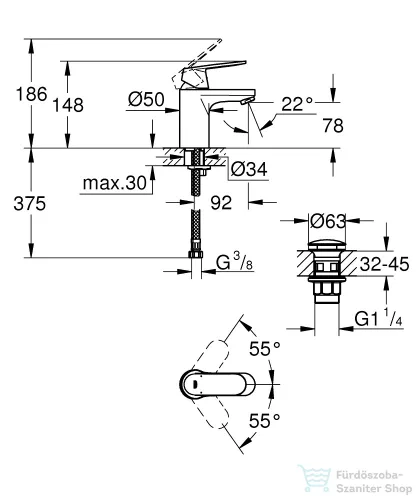 Grohe EUROSMART COSMOPOLITAN S mosdó csaptelep click-clack leeresztővel,Króm 23925000