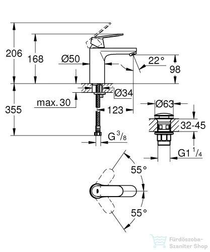 Grohe EUROSMART COSMOPOLITAN M mosdó csaptelep click-clack leeresztővel,Króm 23926000