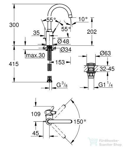 Grohe EUROSMART L magasított mosdó csaptelep automata leeresztővel,Króm 23933001