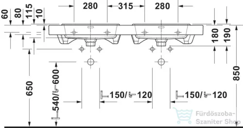 Duravit BALCOON 130x48 cm-es falra, vagy bútorra szerelhető dupla mosdó leeresztővel, Duarshield mázzal, matt fehér 241213AC00