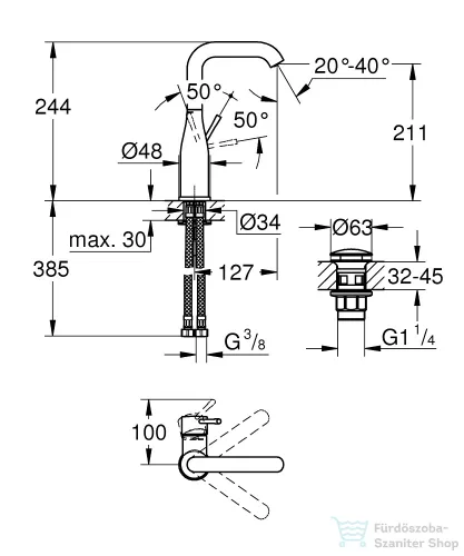 Grohe ESSENCE L magasított mosdó csaptelep click-clack leeresztővel,króm 24182001