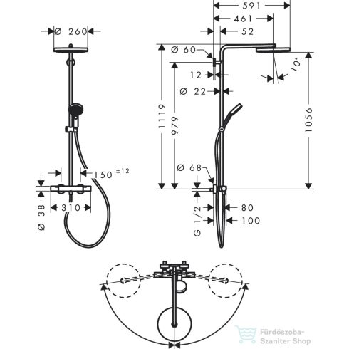 Hansgrohe Pulsify S Puro termosztátos zuhanyrendszer 3 funkciós kézizuhannyal,matt fehér 24237700