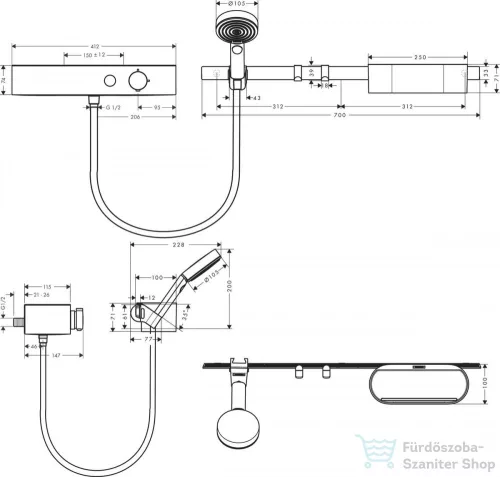 Hansgrohe Showertablet Select termosztátos zuhanycsaptelep zuhany-és tárolószettel, matt fehér 24250700