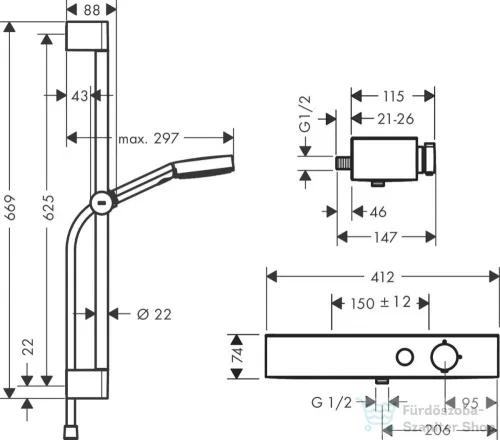 Hansgrohe Showertablet Select termosztátos zuhanycsaptelep Pulsify rudas zuhanyszettel, króm 24260000