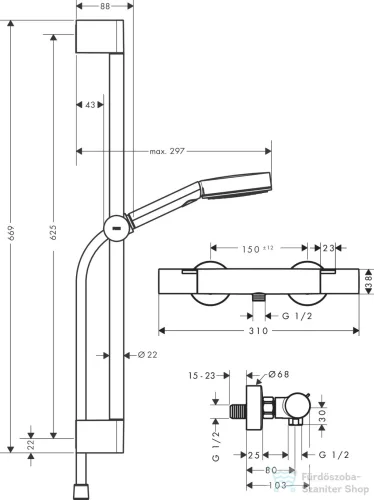 Hansgrohe Ecostat Fine termosztátos zuhany csaptelep,Pulsify Select S 66,9 cm-es rudas zuhanyszettel,matt fekete 24262670
