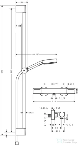 Hansgrohe Ecostat Element termosztátos zuhany csaptelep,Pulsify Select S 90 cm-es rudas zuhanyszettel,króm 24271000