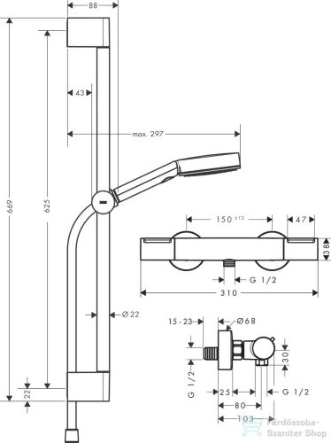 Hansgrohe Ecostat Element termosztátos zuhany csaptelep,Pulsify Select S 65 cm-es rudas zuhanyszettel,matt fekete 24272670
