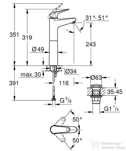 Grohe QuickFix SWIFT XL magasított mosdó csaptelep click-clack leeresztővel, króm 24331001