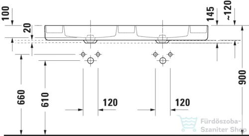Duravit BENTO STARCK BOX 134,5x46 cm-es pultra ültethető, csiszolt aljú 2 medencés mosdó 1-1 csaplyukkal, HygieneGlaze mázzal, matt fehér 2660133272