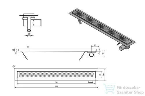 AQUALINE KROKUS Padlóösszefolyó rács, 76x14cm, inox 2705-80