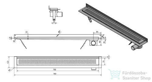 AQUALINE KROKUS padlóösszefolyó sarokba, szifonnal, 760x12cm, inox 2715-80