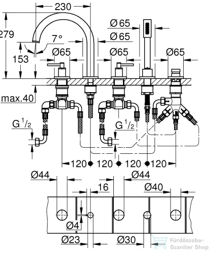Grohe ATRIO 5 üléses kádtöltő csaptelep zuhanyszettel,alaptest nélkül,Supersteel 29407DC0