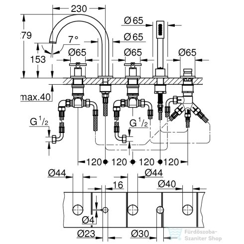 Grohe ATRIO 5 üléses kádtöltő csaptelep zuhanyszettel,alaptest nélkül,Supersteel 29408DC0
