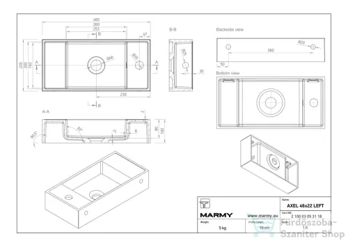 Marmy AXEL 46x22 balos öntött márvány mosdó