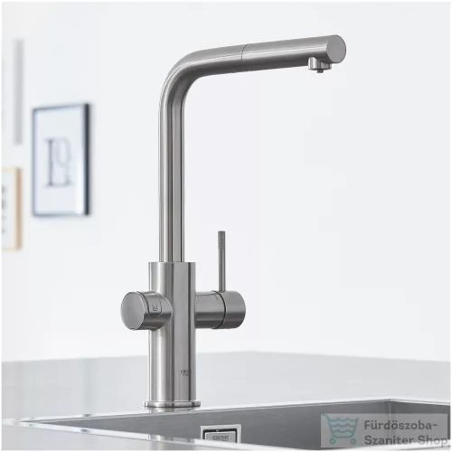 Grohe BLUE HOME L kifolyós,kihúzható fejes csaptelep kezdőkészlet vízszűrő funkcióval,Supersteel 31539DC0