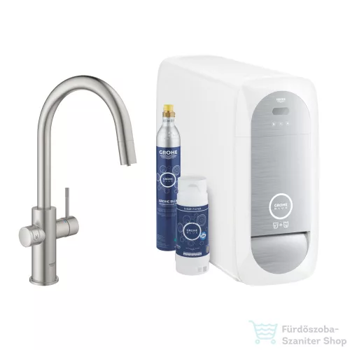 Grohe BLUE HOME C kifolyós,kihúzható fejes csaptelep kezdőkészlet vízszűrő funkcióval,Supersteel 31541DC0