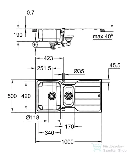 Grohe K500 ROZSDAMENTES ACÉL MOSOGATÓTÁLCA, CSEPEGTETŐVEL 31572SD1