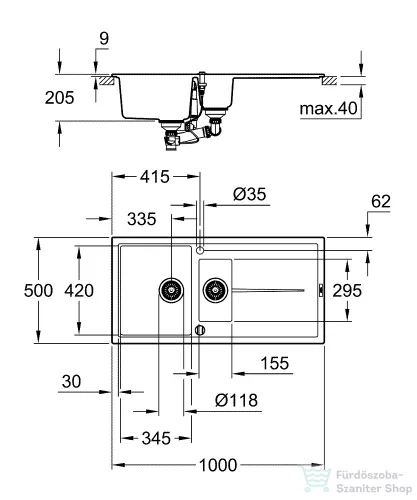 Grohe K400 KOMPOZIT MOSOGATÓTÁLCA CSEPEGTETŐVEL gránit fekete 31642AP0