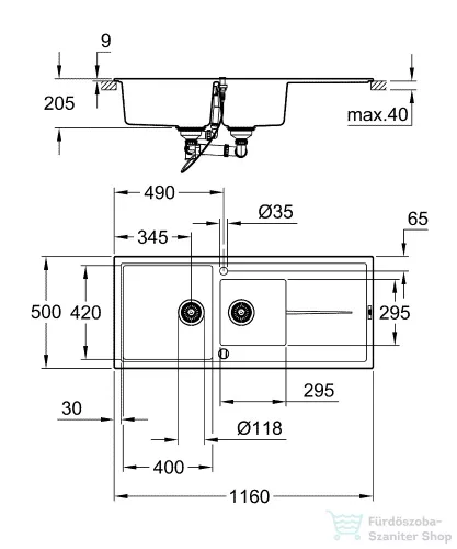 Grohe K400 KOMPOZIT MOSOGATÓTÁLCA CSEPEGTETŐVEL gránit fekete 31643AP0